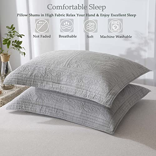 Cotton Grey Floral Quilted Pillow Shams Set