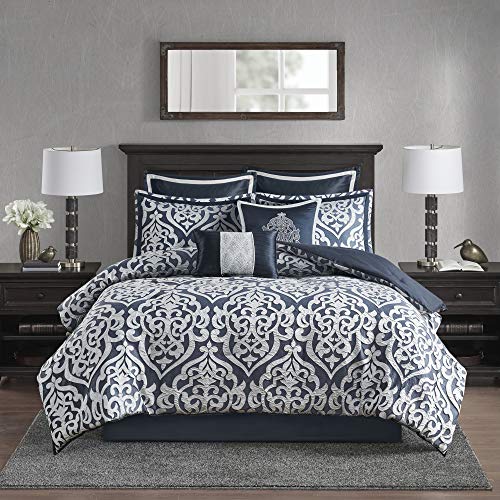 Odette Cozy Comforter Set - Navy, 8 Piece Cal King