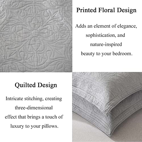 Cotton Grey Floral Quilted Pillow Shams Set