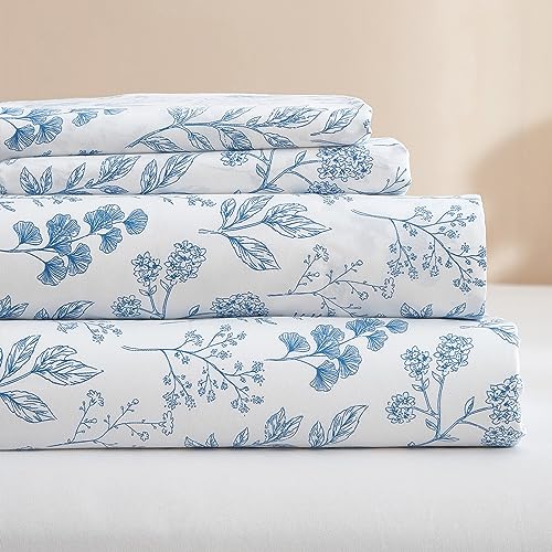 Luxury King Bed Sheet Set - Blue Floral Design