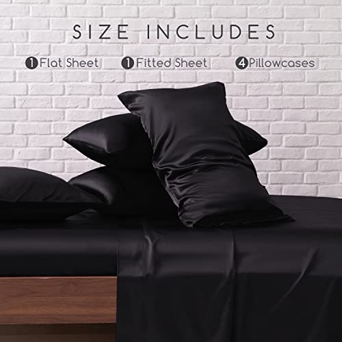 Queen Satin Bed Sheets Set - 6 Pieces Black