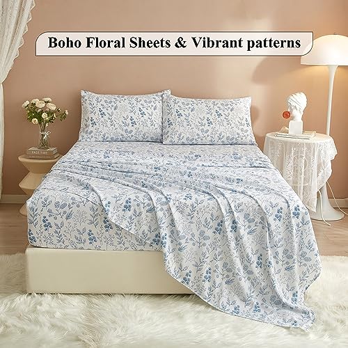 Luxury King Bed Sheet Set - Blue Floral Design