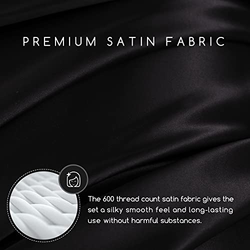 Queen Satin Bed Sheets Set - 6 Pieces Black