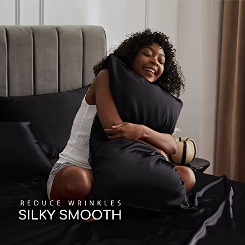 Queen Satin Bed Sheets Set - 6 Pieces Black