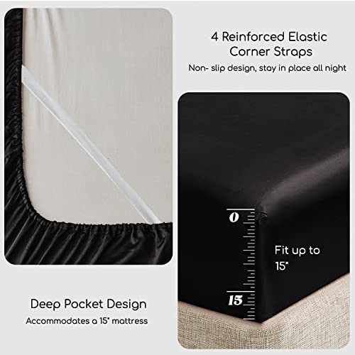 Queen Satin Bed Sheets Set - 6 Pieces Black