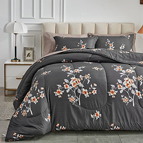 7-Piece Dark Grey Floral Queen Comforter Set