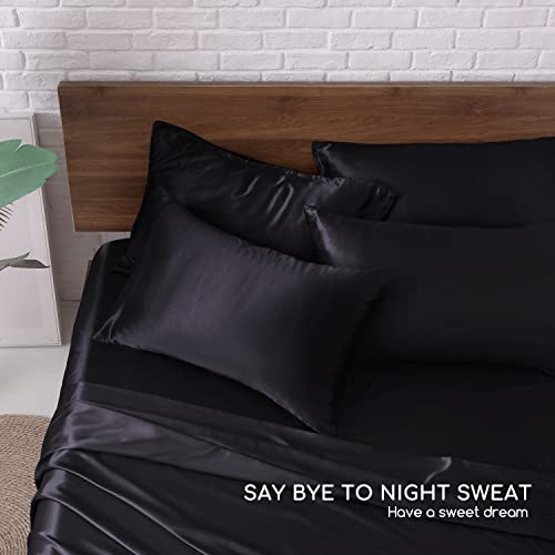 Queen Satin Bed Sheets Set - 6 Pieces Black