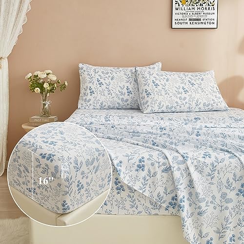 Luxury King Bed Sheet Set - Blue Floral Design