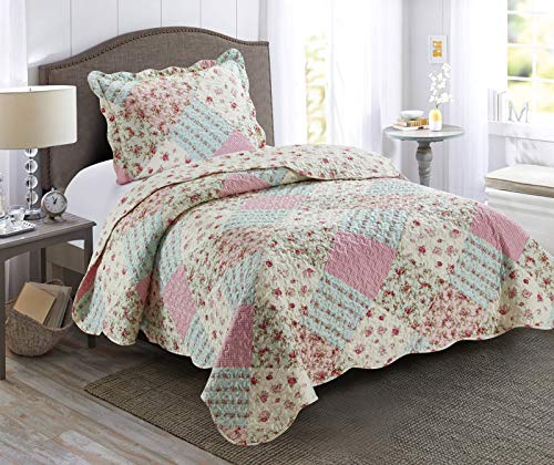 Sunshine Pink Green Rose Patchwork Twin Quilt Set