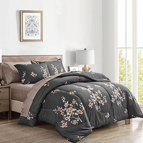 7-Piece Dark Grey Floral Queen Comforter Set