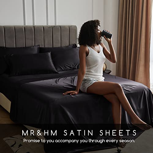 Queen Satin Bed Sheets Set - 6 Pieces Black