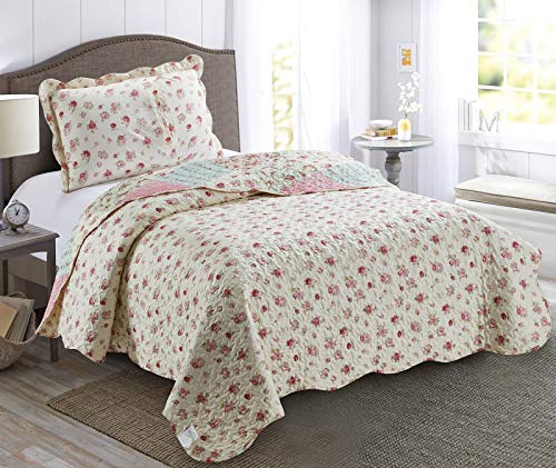 Sunshine Pink Green Rose Patchwork Twin Quilt Set