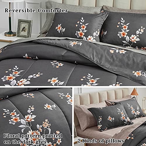 7-Piece Dark Grey Floral Queen Comforter Set