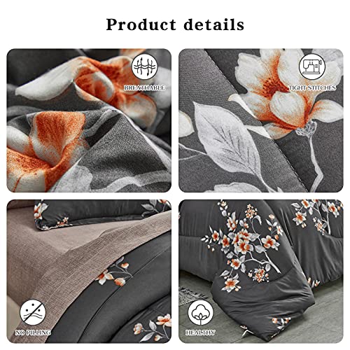 7-Piece Dark Grey Floral Queen Comforter Set