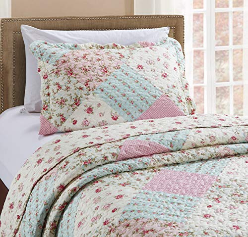 Sunshine Pink Green Rose Patchwork Twin Quilt Set