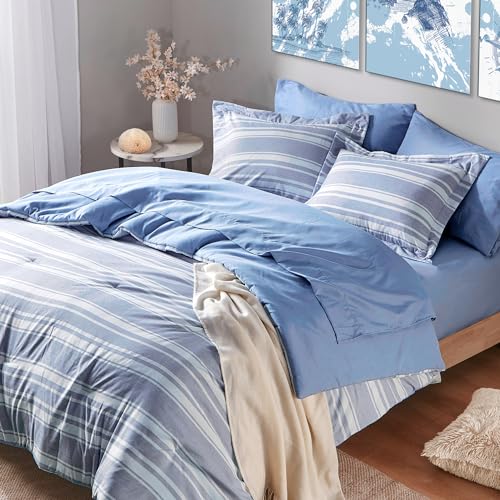 Modern Blue and White Striped Full Bed Set