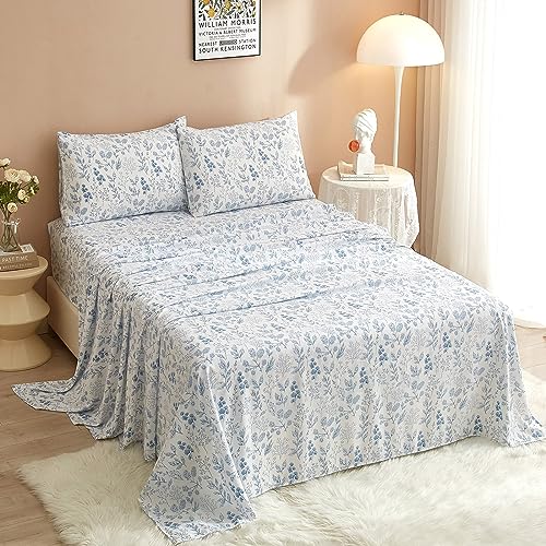 Luxury King Bed Sheet Set - Blue Floral Design