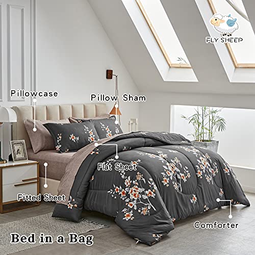 7-Piece Dark Grey Floral Queen Comforter Set