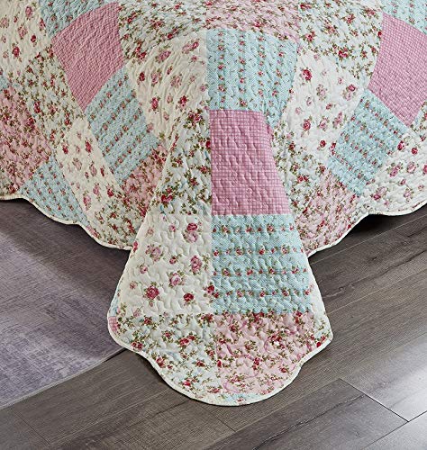 Sunshine Pink Green Rose Patchwork Twin Quilt Set