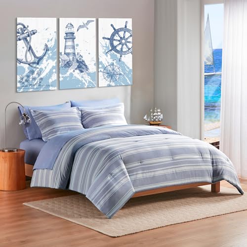 Modern Blue and White Striped Full Bed Set