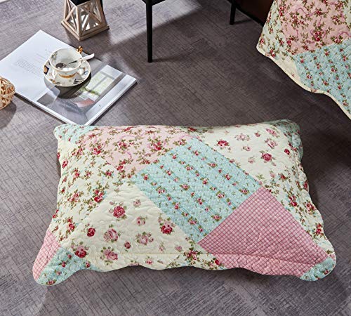 Sunshine Pink Green Rose Patchwork Twin Quilt Set