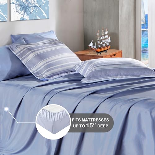 Modern Blue and White Striped Full Bed Set