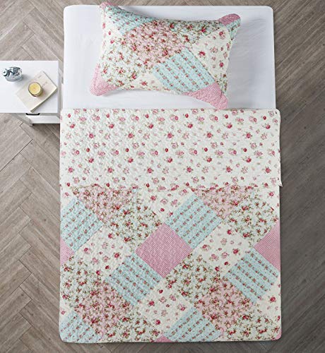 Sunshine Pink Green Rose Patchwork Twin Quilt Set