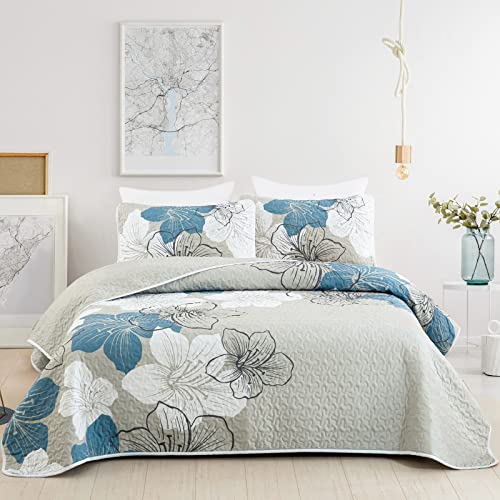 Elegant Blue Floral King Quilt Set with Shams