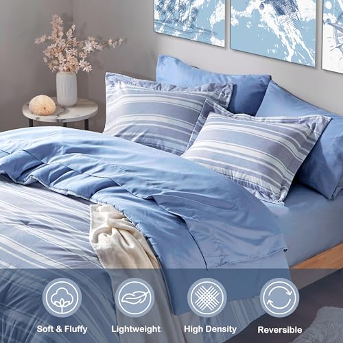 Modern Blue and White Striped Full Bed Set