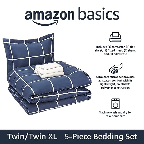 Navy Grey Plaid Twin Microfiber Bed-in-a-Bag Set