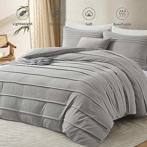 Light Grey Pleated Queen Duvet Cover Set