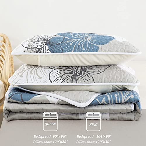 Elegant Blue Floral King Quilt Set with Shams