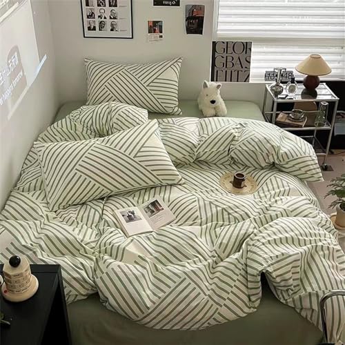 Green Stripes Geometric Cotton Duvet Cover Set