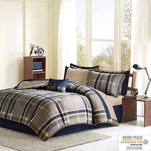 Robbie Modern Cozy Comforter Bed Set, Navy/Tan