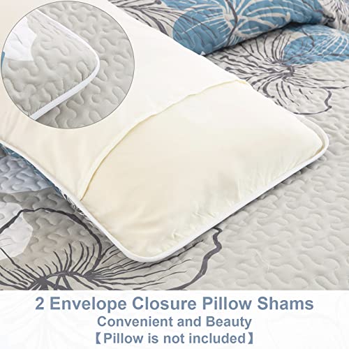 Elegant Blue Floral King Quilt Set with Shams