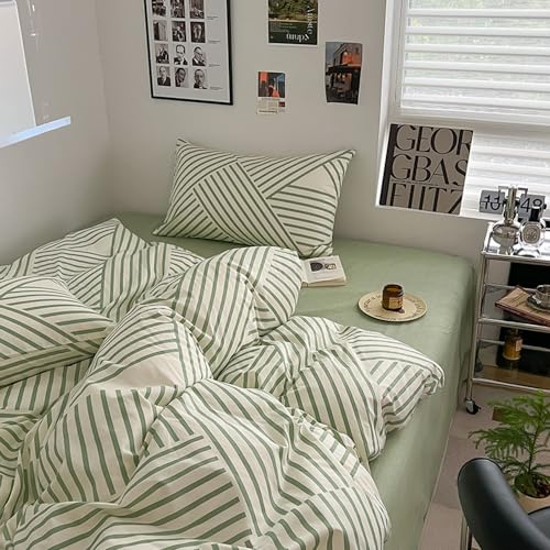 Green Stripes Geometric Cotton Duvet Cover Set