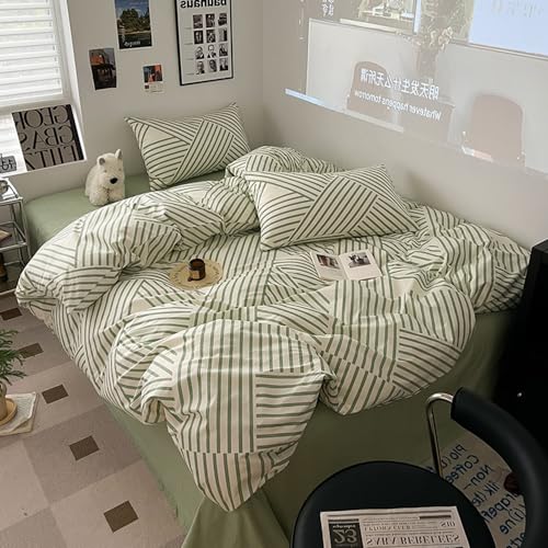 Green Stripes Geometric Cotton Duvet Cover Set