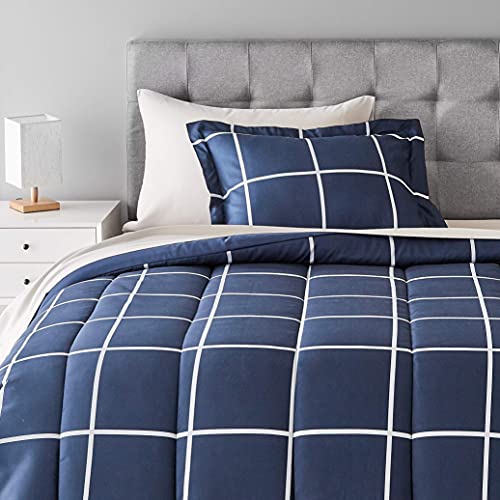 Navy Grey Plaid Twin Microfiber Bed-in-a-Bag Set