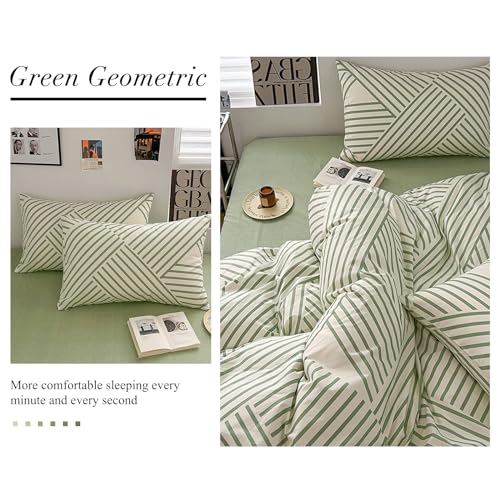 Green Stripes Geometric Cotton Duvet Cover Set