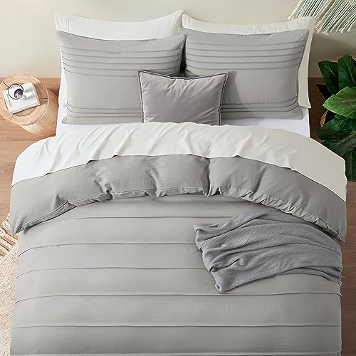 Light Grey Pleated Queen Duvet Cover Set