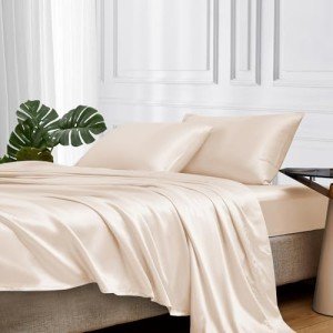 Silky Queen Size Satin Bed Sheet Set - Beige