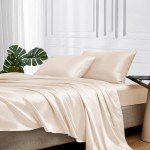 Silky Queen Size Satin Bed Sheet Set - Beige