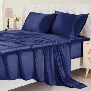 Navy Blue Queen Satin Bed Sheet Set, 4 Pcs
