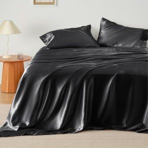 Bedsure Queen Satin Sheet Set - Black, 4 Pieces
