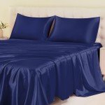 Navy Blue Queen Satin Bed Sheet Set, 4 Pcs