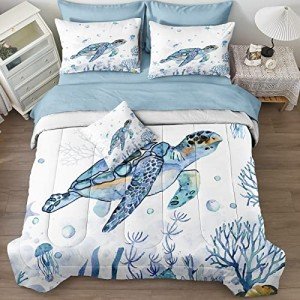 Ocean-Themed Twin Bedding Set 6 Pieces - Teal Blue