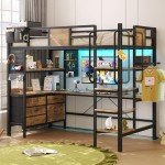 Twin Loft Bed with Desk, LED Lights & Storage