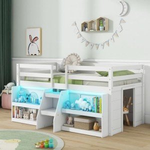 Giantex Low Loft Bed with LED Lights & Storage