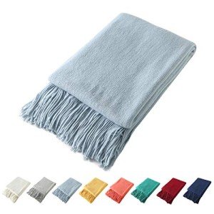 Light Blue Knitted Throw Blanket with Tassels