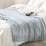 Light Blue Knitted Throw Blanket with Tassels